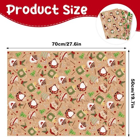 ورق تغليف مسطح لعيد الميلاد من SULOLI Kraft، 12 ورقة من ورق الكرافت المطوية مع عناصر سيارة شجرة عيد الميلاد الرنة من سانتا ثلج (27 × 20 بوصة) in Kuwait