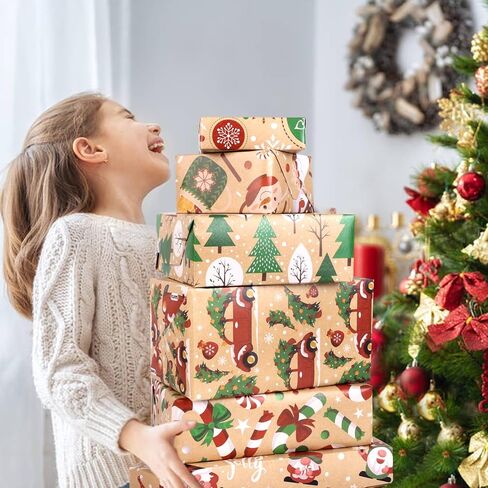 ورق تغليف مسطح لعيد الميلاد من SULOLI Kraft، 12 ورقة من ورق الكرافت المطوية مع عناصر سيارة شجرة عيد الميلاد الرنة من سانتا ثلج (27 × 20 بوصة) in Kuwait