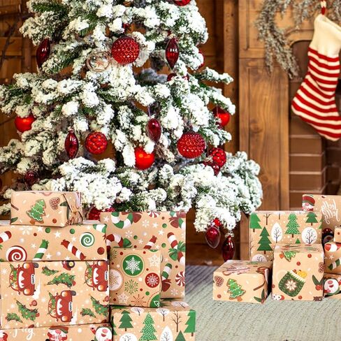 ورق تغليف مسطح لعيد الميلاد من SULOLI Kraft، 12 ورقة من ورق الكرافت المطوية مع عناصر سيارة شجرة عيد الميلاد الرنة من سانتا ثلج (27 × 20 بوصة) in Kuwait