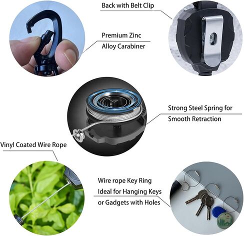 1 Pack Retractable Keychain Heavy Duty Badge Holders with 3pcs Wirerope Key Ring Belt Clip 31.5" Steel Retractable Cord ic Badge Reel Carabiner 8.0 oz in Saudi Arabia