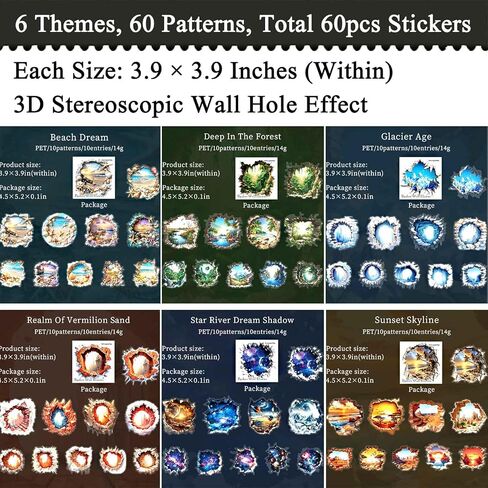 60pcs 3D Wall Hole Effect Scrapbook Stickers for Junk Journals, PET Fantasy Stickers for Journaling Scrapbooking Supplies, Broken Illusion Ephemera for Room Decor Wall Collage Kit in Kuwait