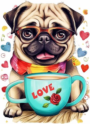 pigpigboss Pug Diamond Painting Set Full Round Coffee Cup and Pug Diamond Painting Kit Rose Heart Pug Diamond Dots for Adult Home Decor Art (12 X 16 Inches) in Kuwait