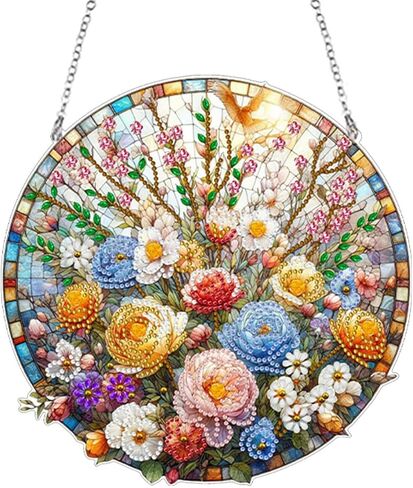 JJFox DIY Diamond Art Painting Wreath Kits，Special Shaped Rhinestone Hanging Ornament Diamond Art Acrylic Window Pendants for Gift Home Garden Wall Hanging Kits(Flower-1) in Saudi Arabia