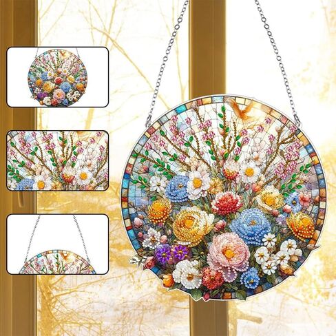 JJFox DIY Diamond Art Painting Wreath Kits，Special Shaped Rhinestone Hanging Ornament Diamond Art Acrylic Window Pendants for Gift Home Garden Wall Hanging Kits(Flower-1) in Saudi Arabia