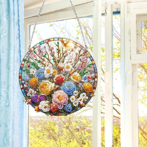 JJFox DIY Diamond Art Painting Wreath Kits，Special Shaped Rhinestone Hanging Ornament Diamond Art Acrylic Window Pendants for Gift Home Garden Wall Hanging Kits(Flower-1) in Saudi Arabia