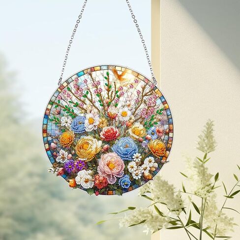 JJFox DIY Diamond Art Painting Wreath Kits，Special Shaped Rhinestone Hanging Ornament Diamond Art Acrylic Window Pendants for Gift Home Garden Wall Hanging Kits(Flower-1) in Saudi Arabia