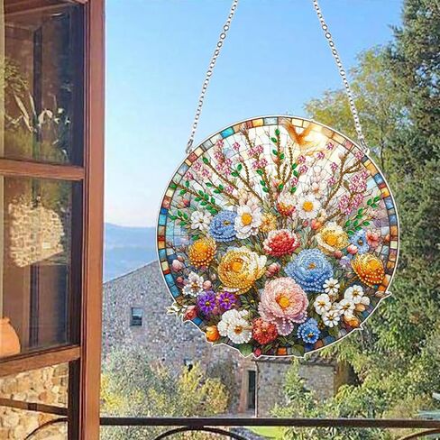 JJFox DIY Diamond Art Painting Wreath Kits，Special Shaped Rhinestone Hanging Ornament Diamond Art Acrylic Window Pendants for Gift Home Garden Wall Hanging Kits(Flower-1) in Saudi Arabia