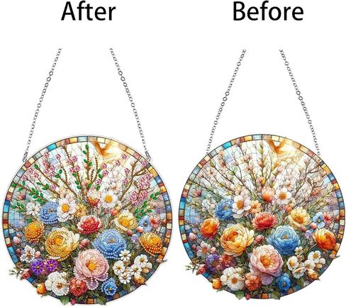 JJFox DIY Diamond Art Painting Wreath Kits，Special Shaped Rhinestone Hanging Ornament Diamond Art Acrylic Window Pendants for Gift Home Garden Wall Hanging Kits(Flower-1) in Saudi Arabia