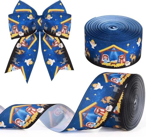 1.5 بوصة 10 ياردة عيد الميلاد المهد Grosgrain الشريط الأزرق الذهب ليلة المقدسة الشريط المطبوع لتغليف الهدايا القوس صنع استحمام الطفل حفلة عيد ميلاد DIY الحرفية in Kuwait