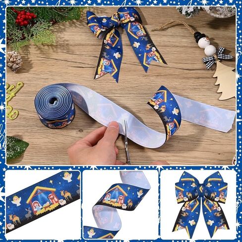 1.5 بوصة 10 ياردة عيد الميلاد المهد Grosgrain الشريط الأزرق الذهب ليلة المقدسة الشريط المطبوع لتغليف الهدايا القوس صنع استحمام الطفل حفلة عيد ميلاد DIY الحرفية in Kuwait