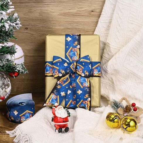 1.5 بوصة 10 ياردة عيد الميلاد المهد Grosgrain الشريط الأزرق الذهب ليلة المقدسة الشريط المطبوع لتغليف الهدايا القوس صنع استحمام الطفل حفلة عيد ميلاد DIY الحرفية in Kuwait