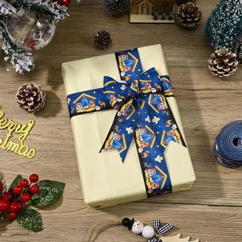 1.5 بوصة 10 ياردة عيد الميلاد المهد Grosgrain الشريط الأزرق الذهب ليلة المقدسة الشريط المطبوع لتغليف الهدايا القوس صنع استحمام الطفل حفلة عيد ميلاد DIY الحرفية in Kuwait