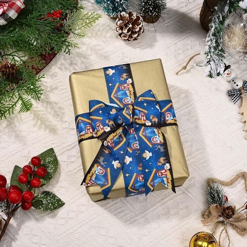 1.5 بوصة 10 ياردة عيد الميلاد المهد Grosgrain الشريط الأزرق الذهب ليلة المقدسة الشريط المطبوع لتغليف الهدايا القوس صنع استحمام الطفل حفلة عيد ميلاد DIY الحرفية in Kuwait