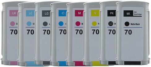 70 خرطوشة حبر 130 مل بديلة لطابعات HP Designjet Z5400 Z5200 Z3200 Z3100 Z2100 كبيرة الحجم - شرائح محدثة جديدة (MK/PK/M/C/Y/LC/LM/LG) in Saudi Arabia