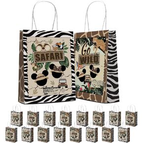 Apinwin 16PCS Mouse Safari Party Gift Bags with Handles for Baby Shower Birthday Decorations, Wild Animal Goodie Candy Grocery Retail Shopping Kraft Paper Take Out Bag