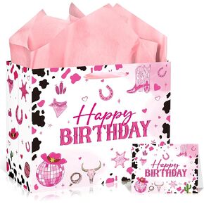 EoBeCy Western Cowgirl Birthday Gift Bag, Pink Cow Print Happy Birthday Wrapping Paper with Tissue Paper and Greeting Card, Y2K Disco Gift Wrap Bags for Girls Women Birthday Party Favors