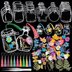 TaoBary 131 Pcs DIY Transparent Dried Flower Bookmark Set Handmade DIY Bookmarks with Dried Pressed Flowers Leaves Butterfly Stickers Colorful Tassels and Tweezers for Reader Writer (Rainbow Color)