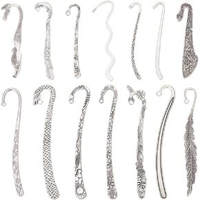 UNICRAFTALE 14pcs 14 Styles Tibetan Style Alloy Bookmarks Findings Antique Silver DIY Vintage Bookmark Unique Carved Hook Pendant Charm Book Marker with Loops for Student Lover Project Gift