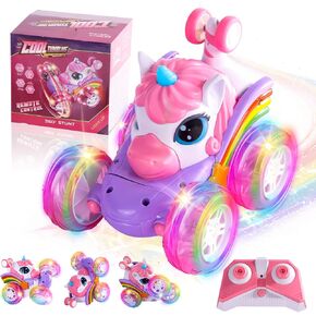 Remote Control Car Unicorn for Girls 360° Rotating 4WD Stunt RC Cars with Cute Cool LED Lights, 2.4GHz Toy Car USB Direct Charging RC Cars Birthday Gifts for Kids Girl Age 3-6 7-9