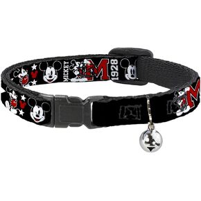 Buckle-Down Breakaway Cat Collar - Classic Mickey Mouse 1928 Collage Black/White/Red - 1/2" Wide - Fits 8-12" Neck - Medium