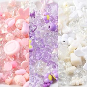 150pcs Acrylic Assorted Beads Mix Random Style Flower Butterfly Candy Star Kawaii Cute Aesthetic Beads for Jewelry Making DIY Bracelet Necklaces Phone Charms (Pink Purple White)