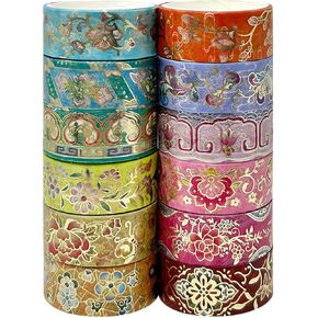 allydrew Elegant Gold Foil Washi Tape Box Set for Arts & Crafts, Scrapbooking, Stationery, Diary (12 Rolls), Gold Floral