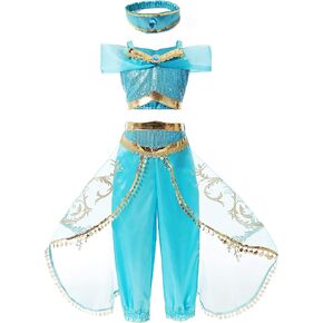 Jasmine Costume for Girls Blue Princess Costume for Kids Dress Up Outfit Birthday Cosplay Party Supplies
