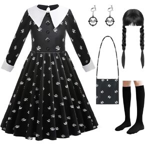 LZH Kid Black Halloween Costume Dress For Girl Cosplay Princess Halloween Outfit With Wig Bag Earrings Socks