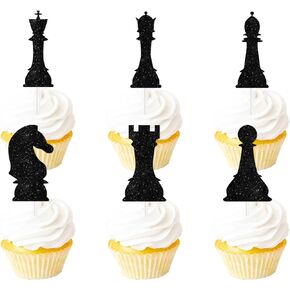 18pcs Black Glitter International Chess Silhouettes Dessert Cupcake Topper Baby Shower Board Game Theme Decor Supplies Boys Girls Happy Birthday Decorations