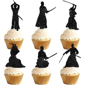 18pcs Black Silhouette Glitter Warrior Dessert Cupcake Topper Kendo Fitness Sports Theme Decor Supplies Men Boys Happy Birthday Anniversary Party Decorations