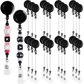 24Pcs Beadable Badge Reel Retractable, Beaded Blank Badge Reels Clips with Belt Clip for ID Name Badges, Beadable Items DIY Gift for Nurses Students Teachers Office Supplies (Black)