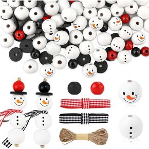150pcs Christmas Wood Beads, Snowman Wooden Beads Winter Wooden Beads Buffalo Plaid Wood Beads Christmas Print Round Wood Beads with Hemp Rope for DIY Crafts Decoration (Red Black)