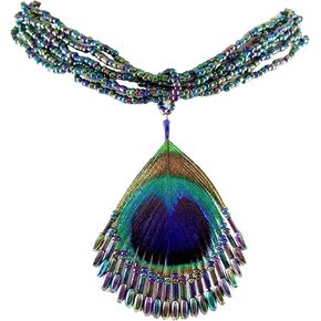 Iridescent Peacock Feather Necklace, Hand Beaded Rainbow Color Beads Peacock Feather Necklace for Women, Handmade Peacock Feather Pendant Jewelry FA009