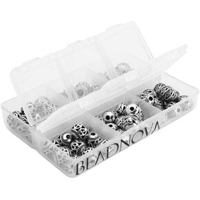 BEADNOVA 60pcs 8mm Tibetan Silver Round Hollow Spacer Charm Beads for Jewelry Findings Making with Free Plastic Container Mix Lot Box Set Assortment