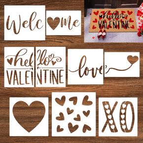Frienda 12 Pcs Valentine's Day Stencils for Door Mats Reusable Heart Love Welcome Templates Large Hello Valentine's Day Stencils for Drawing DIY Painting on Wood Floor Doormat Crafts