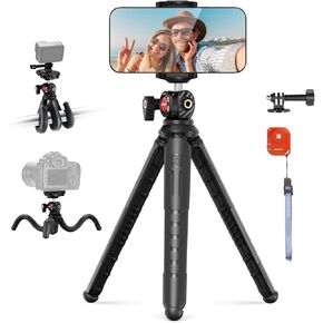 NEEWER Camera Tripod with Remote, Mini Flexible Tripod Stand with Action Camera Mount Adapter for Hero 12 11 10 9, Hidden Phone Holder with Cold Shoe 1/4" Screw, Phone Vlog Tripod Max Load 4.4lb, T30