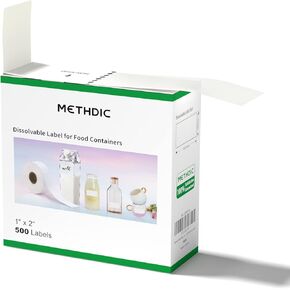 ملصقات تخزين الطعام القابلة للذوبان من Methidc، تذوب في الماء في 30 ثانية - لا توجد بقايا لاصقة - مثالية للحاويات الزجاجية والمعدنية والبلاستيكية، أبيض فارغ 1 × 2 بوصة 500 ملصق (لفة واحدة)