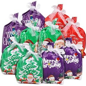 20pcs Christmas Gift Bags, 5 Designs Holiday Treat Wrapping Bag with Ribbon, Santa, Snowmen, Elk, Xmas Goodie Bags, Packaging Drawstring Bags for Present, Candy, Cookies, Party Favors, Small Toys