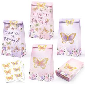 Levfla 24 PCS Butterfly Candy Bags Pink and Purple Goodie Bags Thank You for Fluttering by Butterflies Favor Bags with Stickers Spring Kids Birthday Party Bash Baby Shower Decoration Supplies