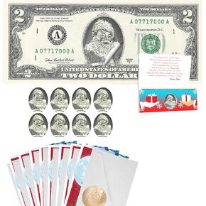 Santa Dollar Seals, 2.0 USD Version. For use with Real USD Currency. Includes 8 Santa Seals, 8 envelopes with golden emblem and 8 currency holder cards * No Dollars Included