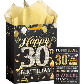 EoBeCy 65th Birthday Gift Bag: Black Gold Happy Birthday Gift Bag with Card and Tissue Papers for 65 Year Old Men Women Birthday Gift Wrap Bags with Handles for 65th Birthday Party Gift Bags