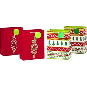 Hallmark 13" Large Christmas Gift Bag Bundle, Joy (Pack of 4, 2 Designs) Red and Green