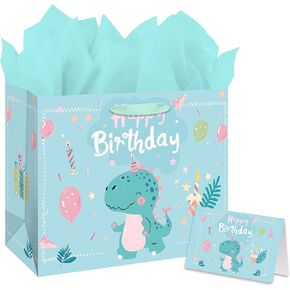 Hunken 13" Dinosaur Birthday Gift Bag for Boys - Green Gift Bag Set with Tissue Paper, Greeting Card, and Dino Wrapping Paper - Perfect for Kids Dinosaur Parties and Baby Showers