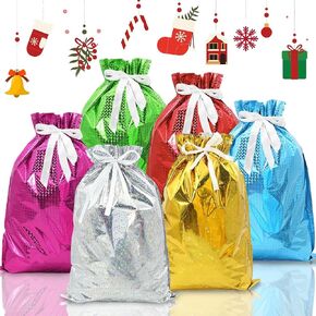 12 Drawstring Goodie Bags, Christmas Party Favor Bags, Gift Wrapping Laser Bag, Holiday Treats Bags with Ribbon Ties in 6 Colors 11.4*16.9 inches for Family Friends Kids in All Occasion of Celebration