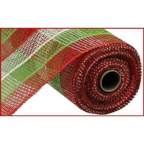 10 Inch x 30 Feet Christmas Deco Poly Burlap Stripe Check Mesh Ribbon (Red White Lime Green)