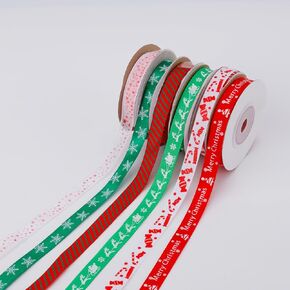 6 Rolls Christmas Ribbon, Christmas Wrapping Ribbon Thin Wired Xmas Grosgrain Ribbon Merry Christmas Tree Reindeer Snowflakes Candies Striped Ribbon for Gift Crafts Decoration Holiday Ornament