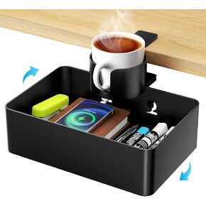 RCHYFEED Under Desk Metal Drawer with Desk Cup Holder, 360° Swivel Hidden Under Desk Storage Drawers Slide out, No Drill with Sturdy C-Clamp, Desk Pencil Drawer Organizer Tray for Home Office Storage