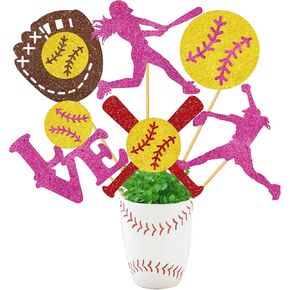 12pcs Softball Party Centerpiece Sticks Glitter Softball Birthday Party Centerpiece Decorations for Girls Softball Theme Party Table Toppers for Softball Player Birthday Party Baby Shower Supplies