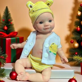 Lifelike Full Body Silicone Reborn Baby Dolls Girl - 11Inch Realistic Full Silicone Body Baby Doll with Big Eyes Yellow Frog Set for 3+ Years Old