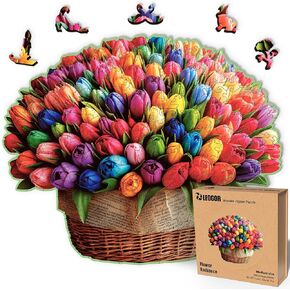 LEOGOR Large Wooden Jigsaw Puzzles for Adults with Whimsical Pieces – 350 Piece Colorful Wood Succulent Puzzle with Unique Animal-Shaped and Flowers-Inspired Pieces – Beautiful Mosaic, 15.7'' x 15.3''